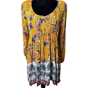 Altar'd State | Boho Floral Mustard Yellow Hi-Low Dress with Bell Sleeves | Sz S